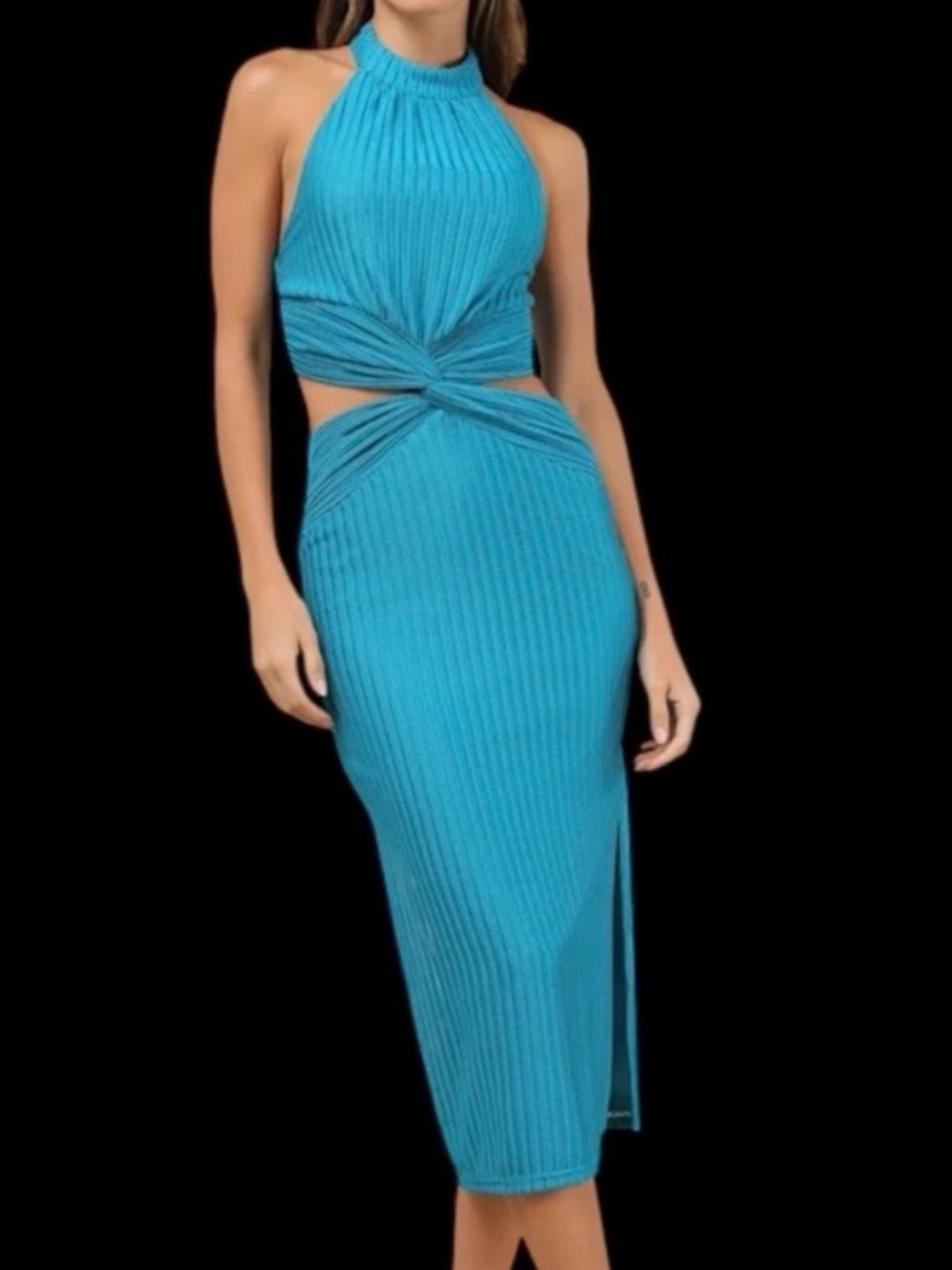 Lulus Poised Attitude Teal Blue Halter Cutout Twist-Front Midi Dress NWOT